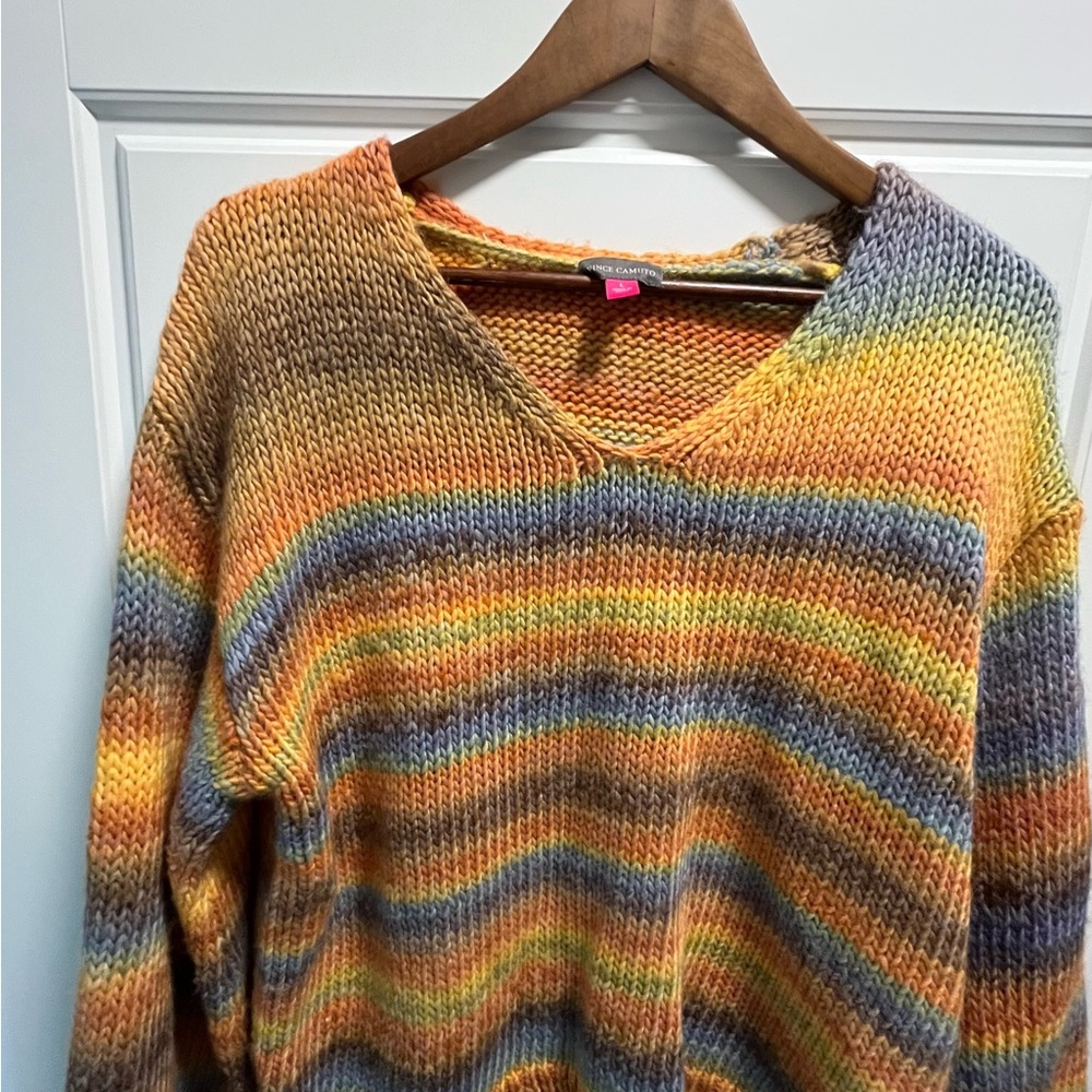 NW Vince Camuto Womens Orange Striped Balloon Sleeve V Neck Sweater L